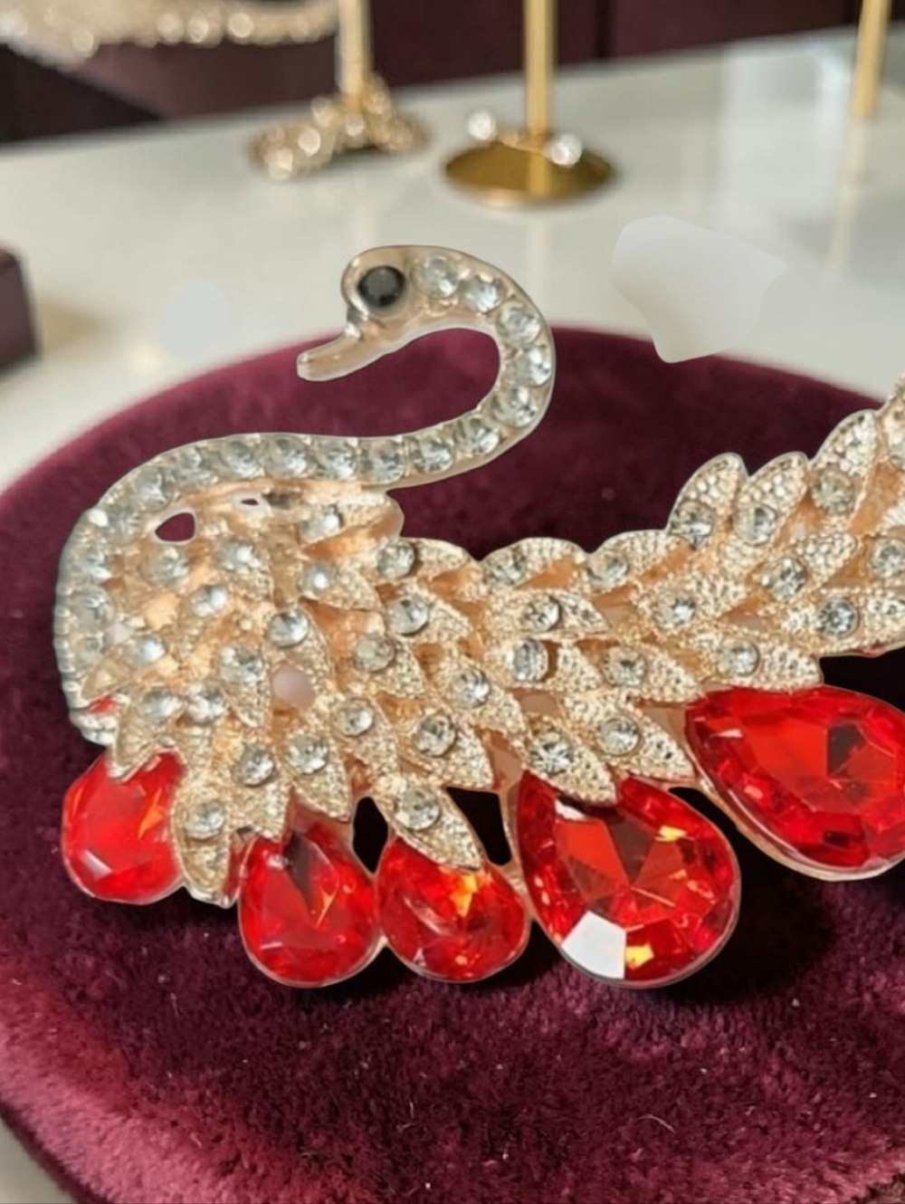 NWT Elegant Gold and Red Jeweled Swan Brooch Pin Purse Charm
